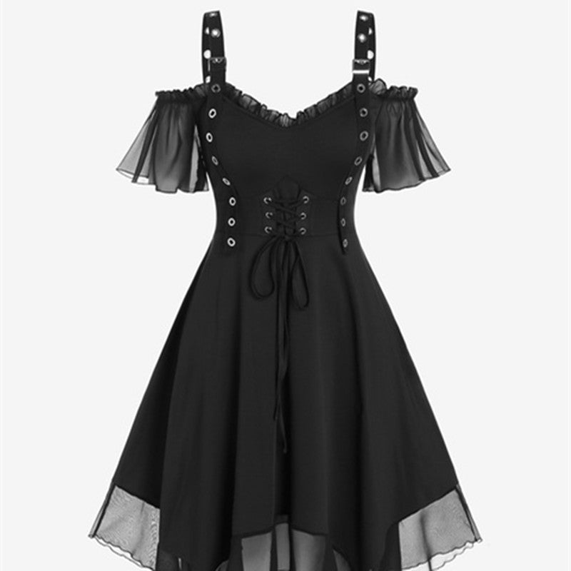 Chic and Stylish Black Mini Dress with Buckle Tie for Ladies