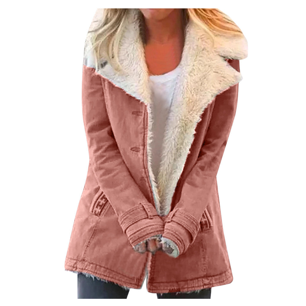 Women Plus Size Warm Coats Composite Plush Button Lapels Jacket Outwearcoat