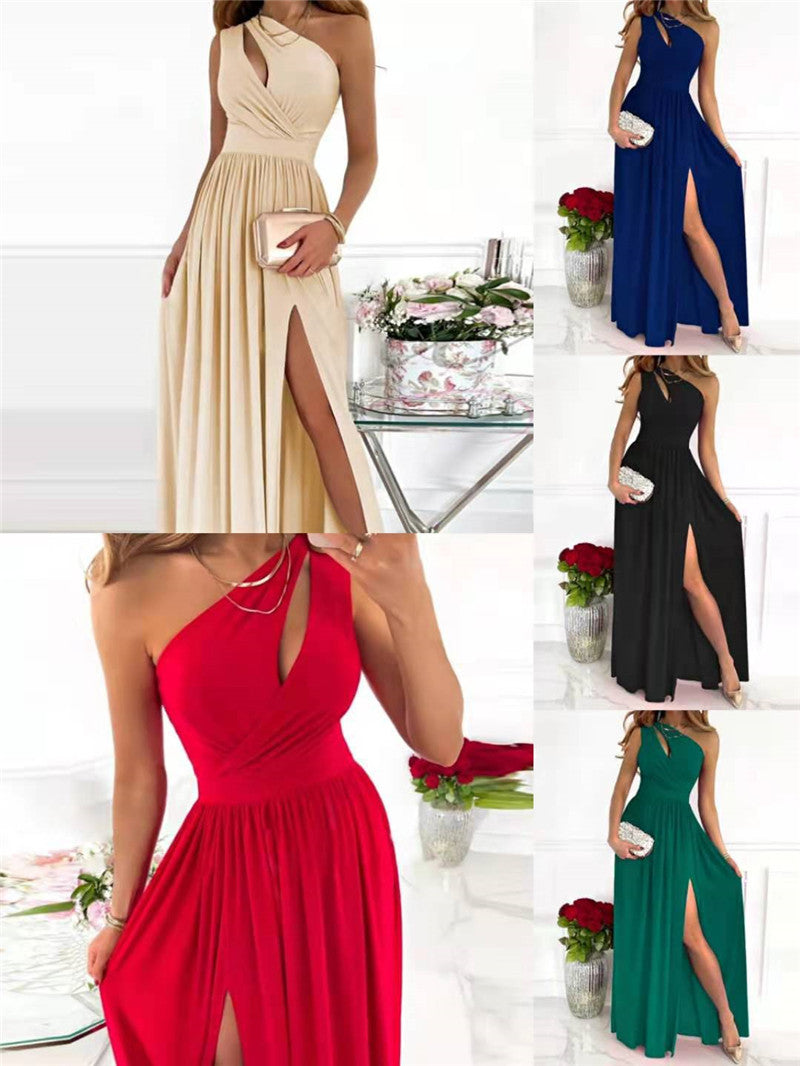 Sexy Solid Color One-shoulder Hollow Halter Neck High-waist Split Long Dress