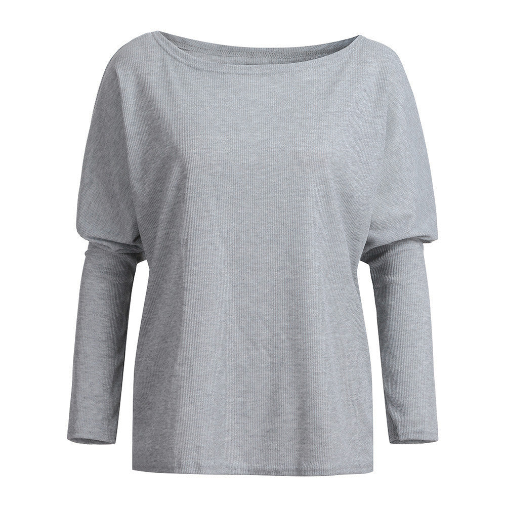 Large size loose bat-sleeve oblique shoulder one-neck long sleeve T-shirt