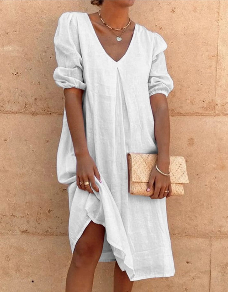 Large Size Loose Solid Color Cotton And Linen V-Neck Short-Sleeved Dress