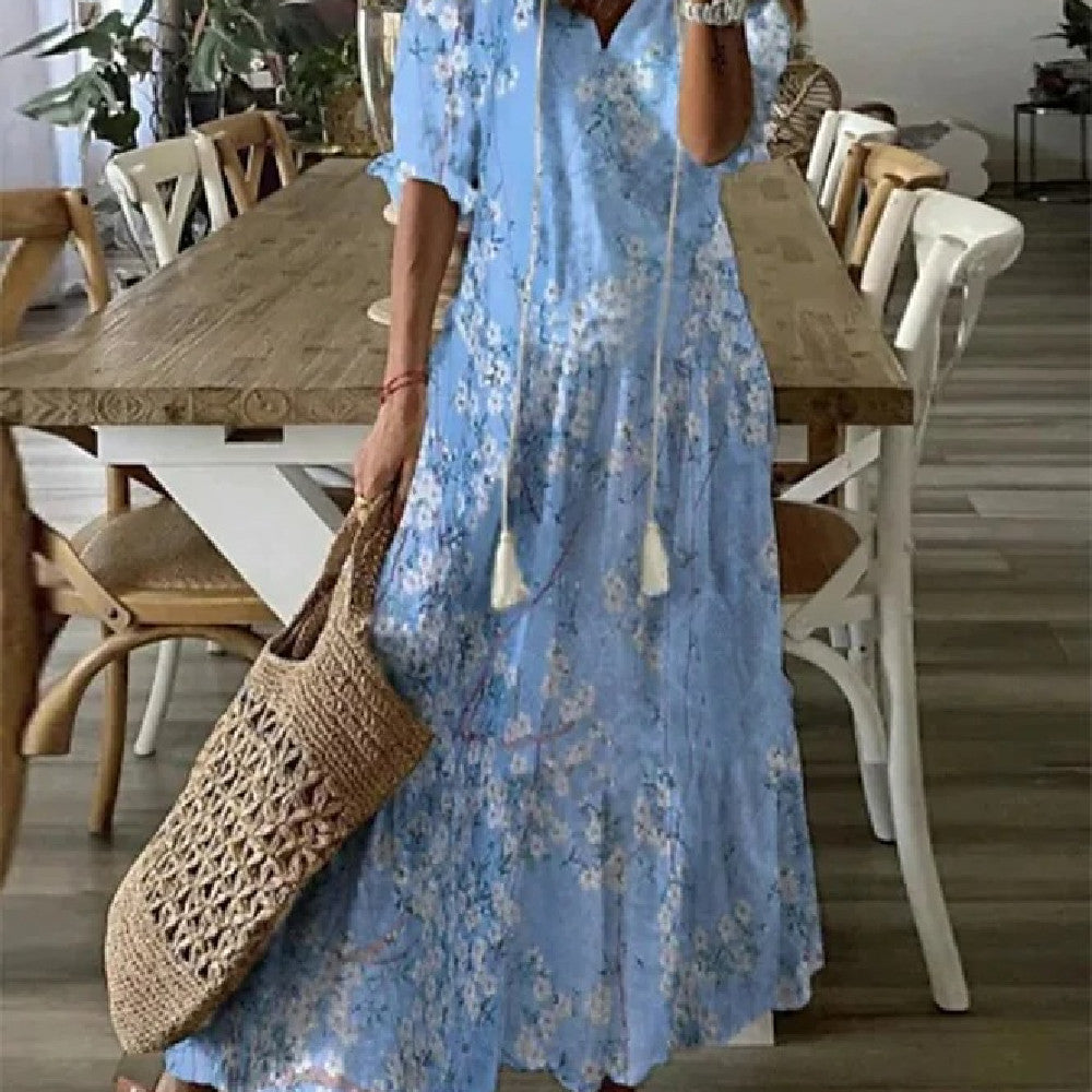 Women's Long Dress with Medium-Length Sleeves and Printed Design