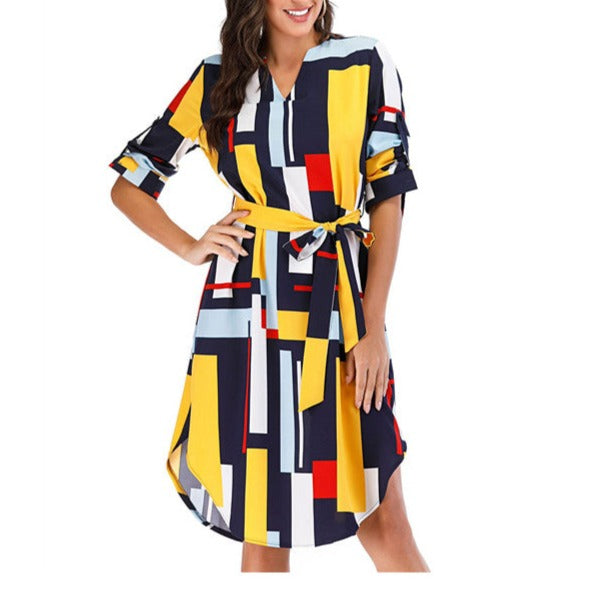 V-neck long sleeve printed dress