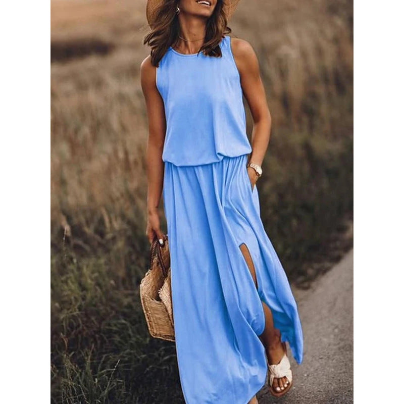 Women's Round Neck Sleeveless Split Solid Color Dress