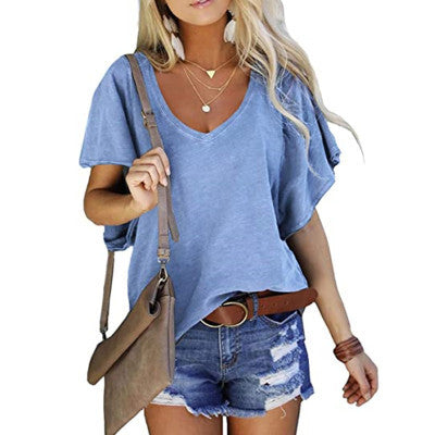 Solid Color Loose V-neck Short-sleeved T-shirt