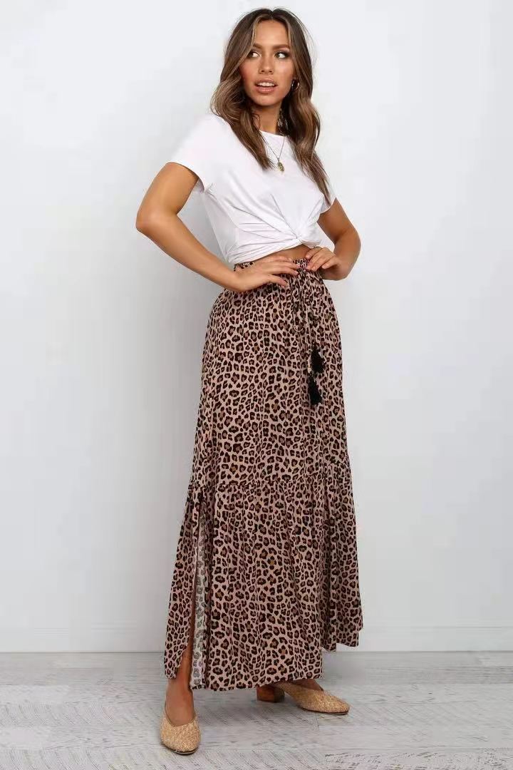 New Cotton Elastic High Waist Brown Leopard Print Large Skirt