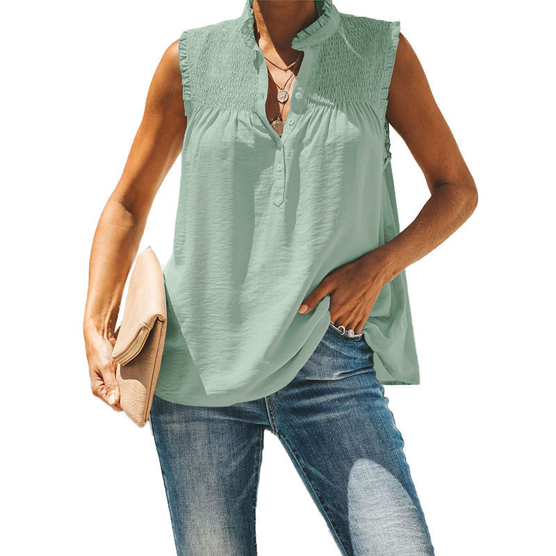 Women's Fashion Smocked V-Neck Sleeveless Shirt Top