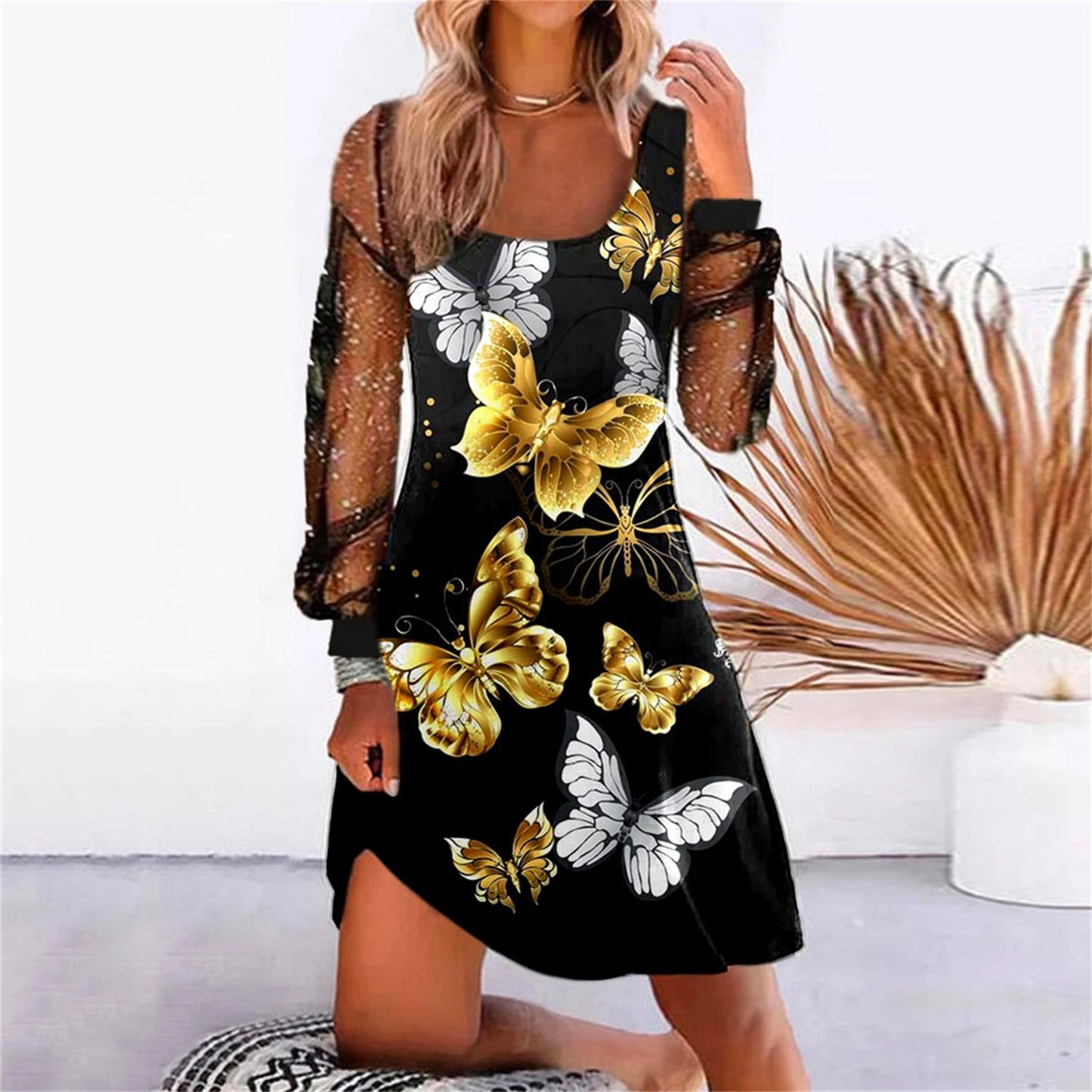 Women's New Printed Panel Mesh Dress