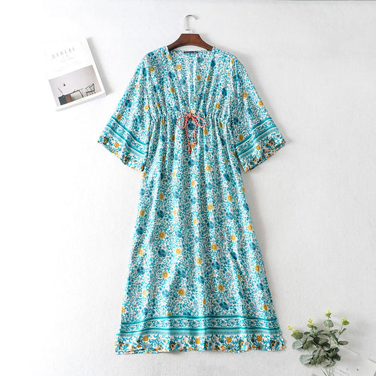 Summer New Style Printed Dress with Waist Drawstring - A Long Skirt for Women