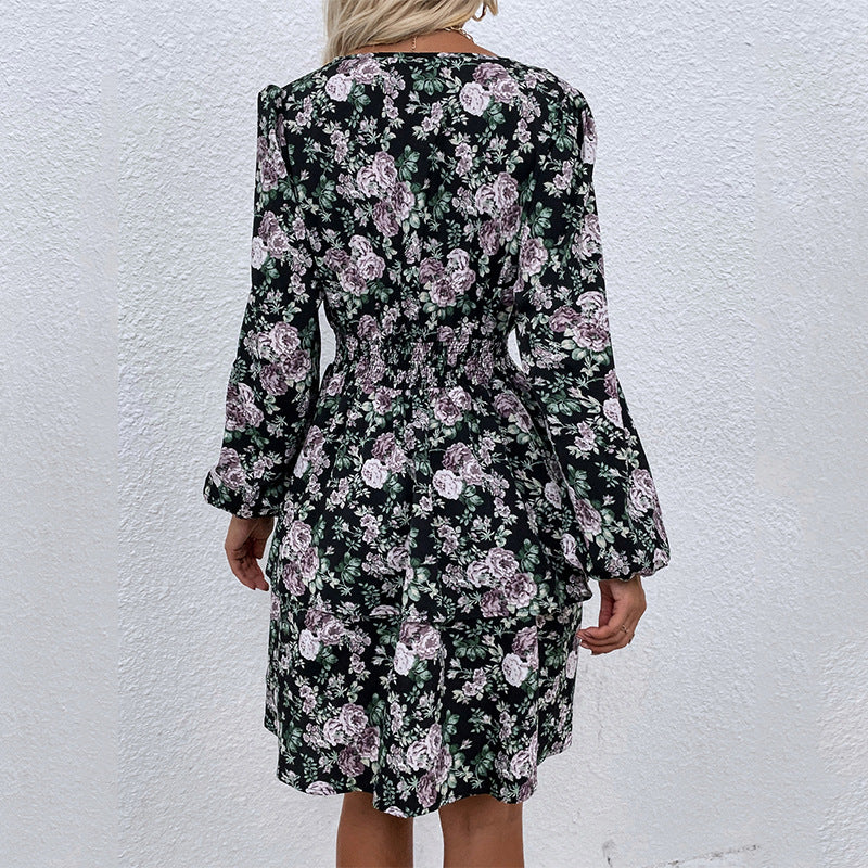 Autumn New Style Long-Sleeved Floral V-Neck Dress with Puff Sleeves