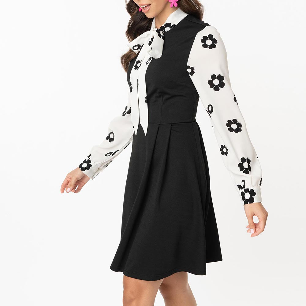 Women's Printed Black And White Mosaic Neckline Tie Casual Dress