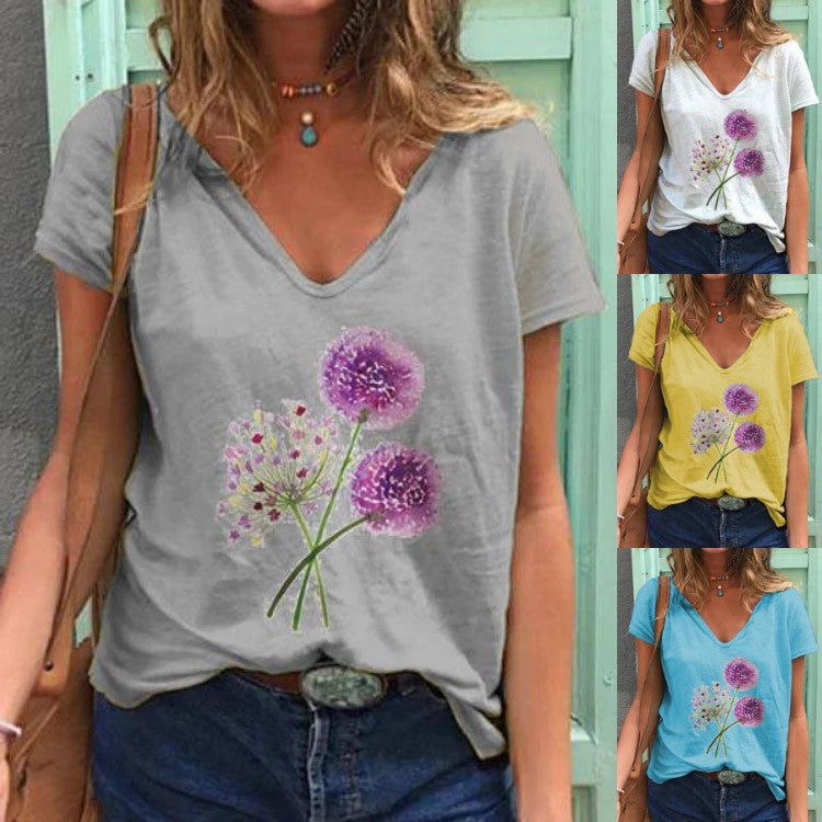 V-neck T-shirt with Dandelion Print and Short Sleeves