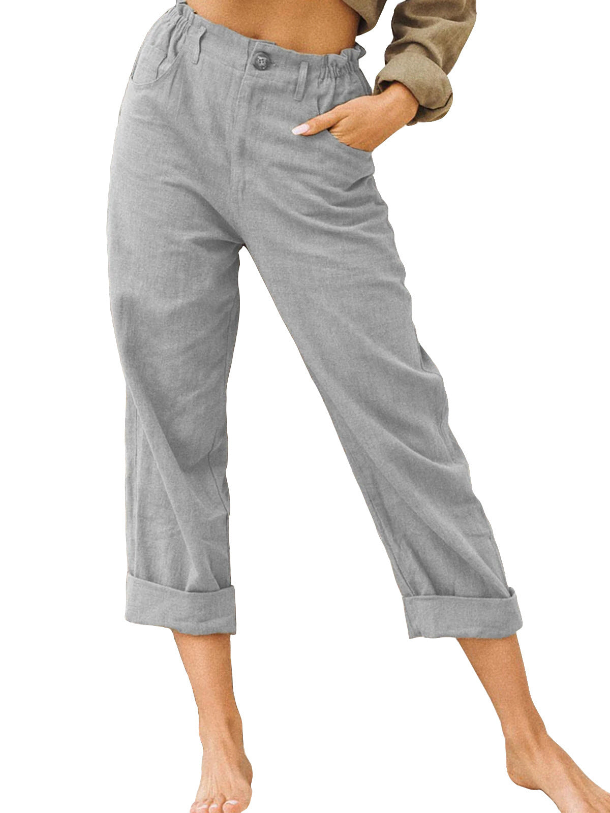 Women's Cotton Linen Patchwork Pants with Drawstring Waist and Loose Casual Fit