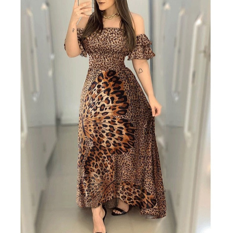 Leopard Print Shoulder Butterfly Print Dress