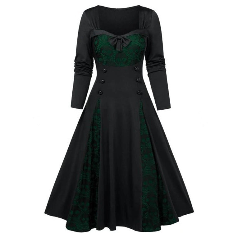 Fashionable Women's Dress with Contrast Color Lace Stitching