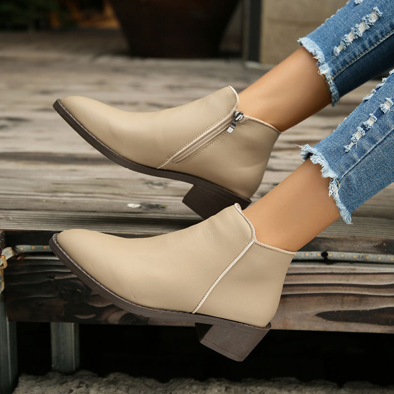 Chunky Mid-Heel Waterproof Ankle Boots for Women with Side Zipper