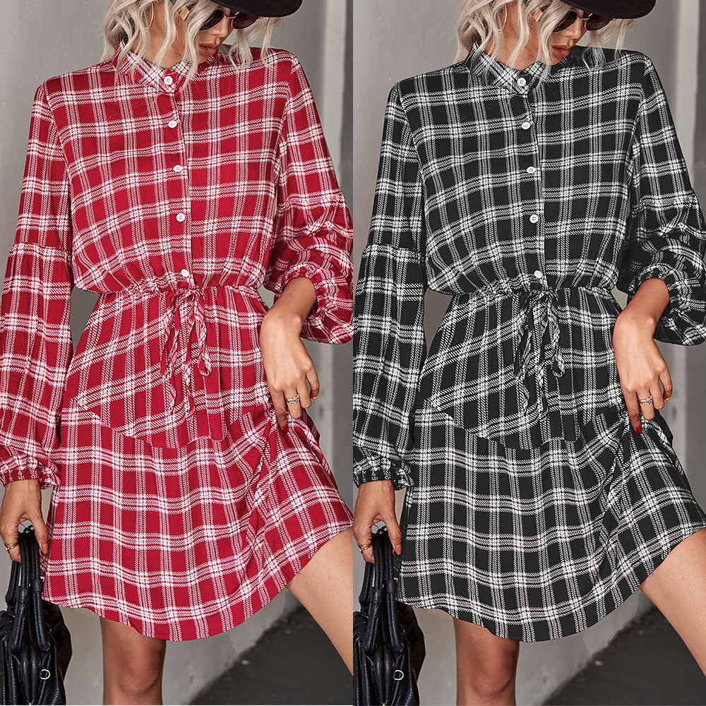 Plaid Band Collar Drawstring Shirt Dress