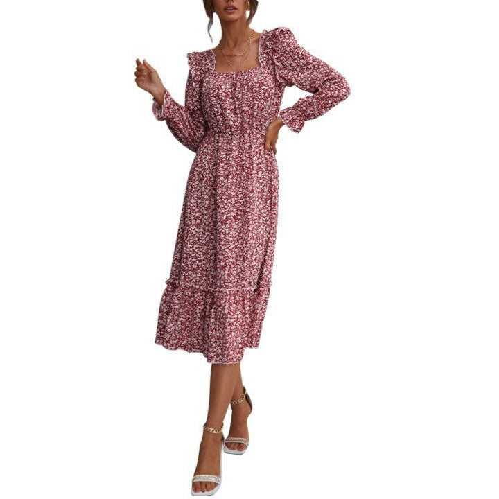 Women's Fashion Long Sleeve Floral Square Neck Dress