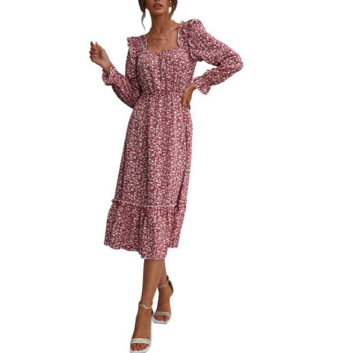 Women's Fashion Long Sleeve Floral Square Neck Dress