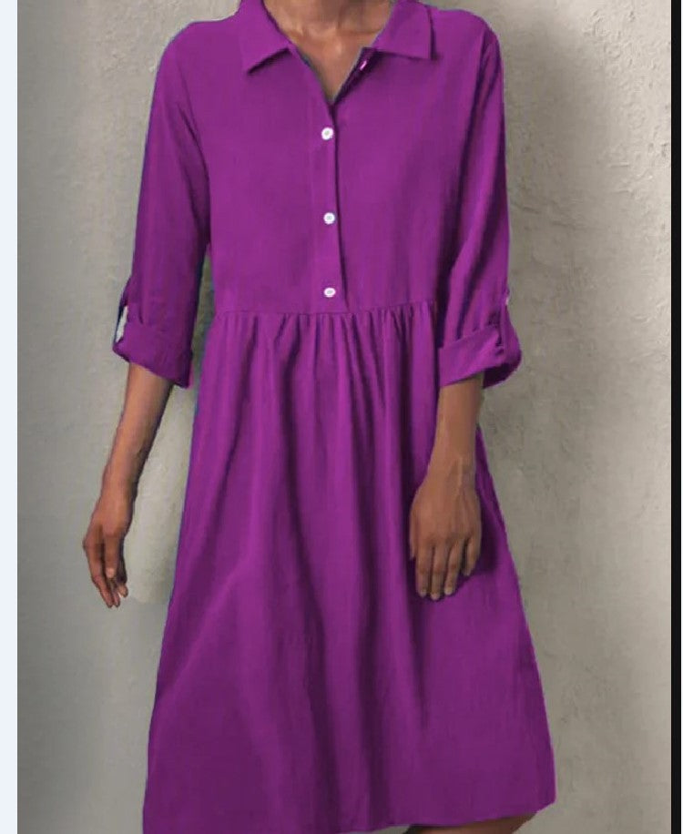 Solid Color Basic Long-sleeved Shirt Collar Buttoned Dress