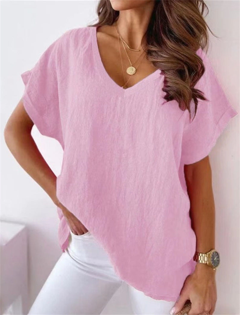 Solid Color Cotton And Linen Short-sleeved V-neck Shirt T-shirt For Women