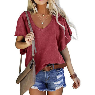 Solid Color Loose V-neck Short-sleeved T-shirt