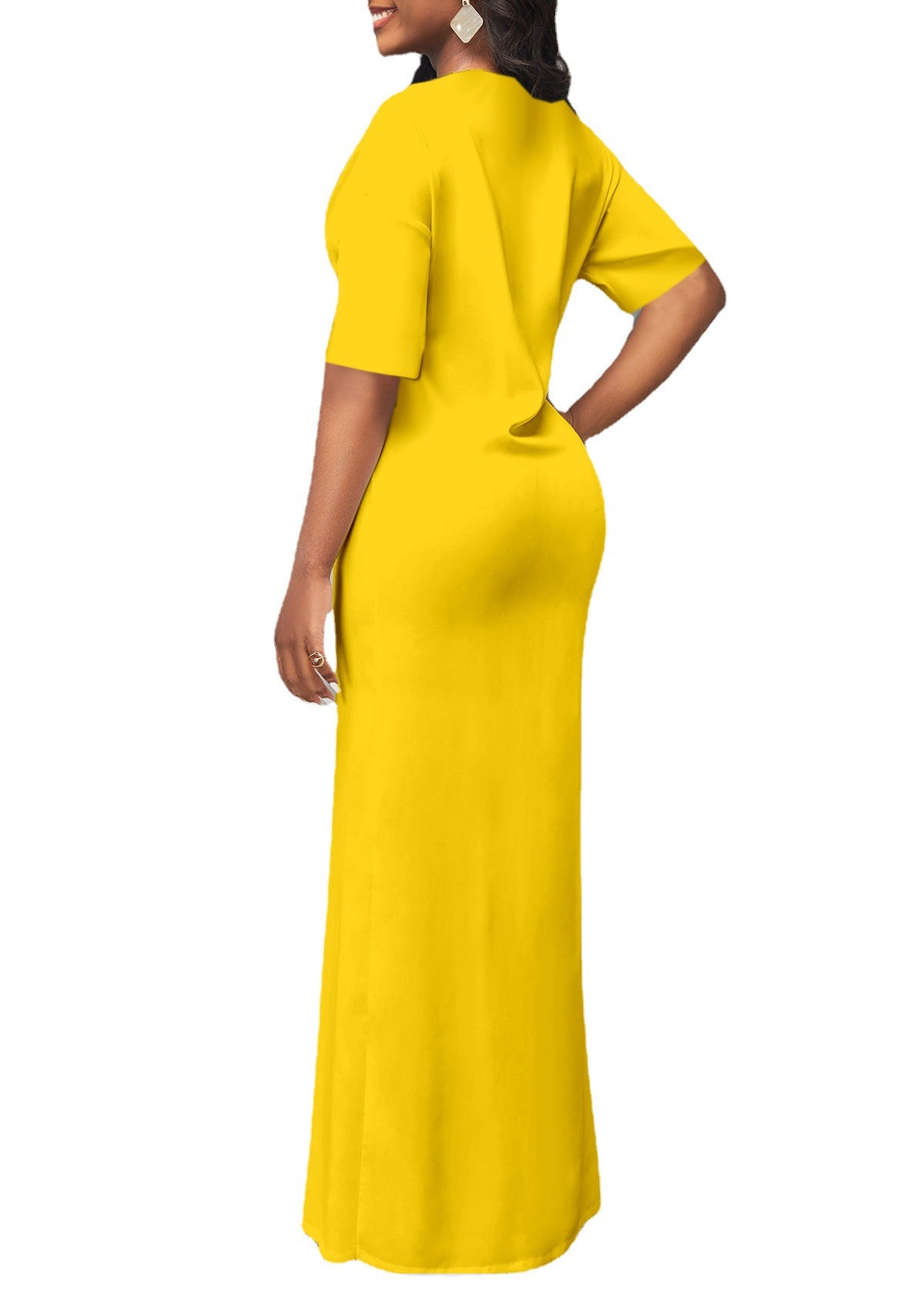 Yellow Split Dress for Women with Loose V-Neck and Pullover Design