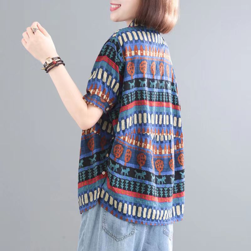 Cotton And Hemp Printing Loose Large Casual Short-sleeved Meat Concealing Thin Shirt Top