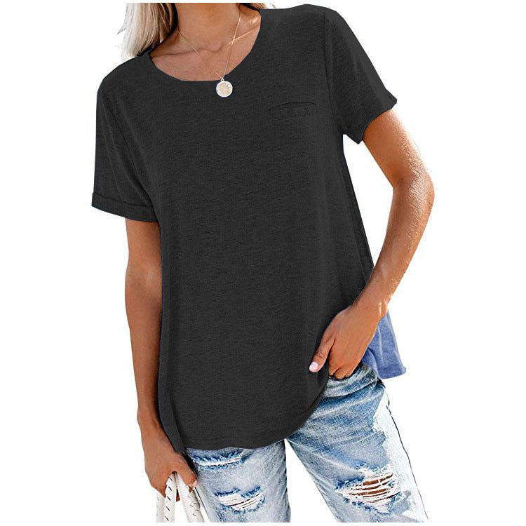 Multicolor Round Neck Short-Sleeved T-Shirt with Loose Fit and Pocket