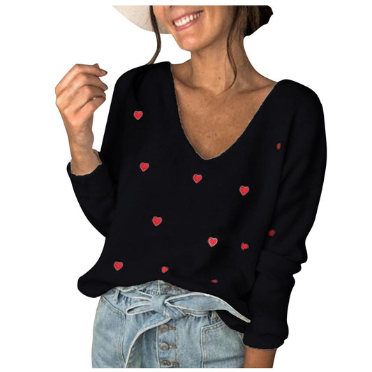 Heart Printed Long Sleeve V-Neck Sweater Tops with Pullovers