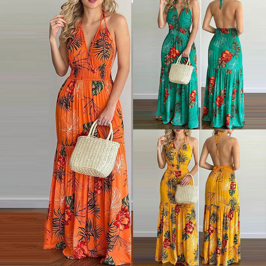 New European And American Halterneck Halter Print Holiday Style Long Skirt Dress Women