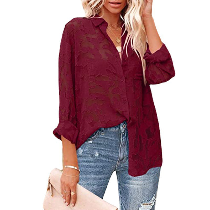 Women's Long Sleeve Shirt in Solid Color with Hollow Chiffon Jacquard and Button Detail