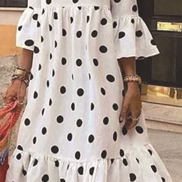 Polka Dot Ruffled Dress: Women's Elegant Slimming Round Neck Design