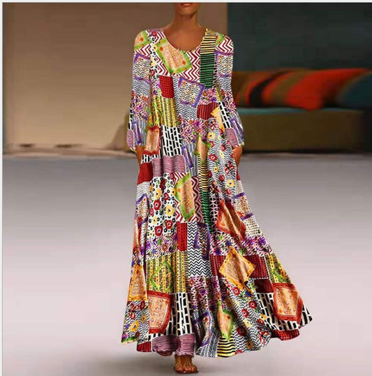 Patchwork Long-sleeved Plus Size Printed Bohemian Dress