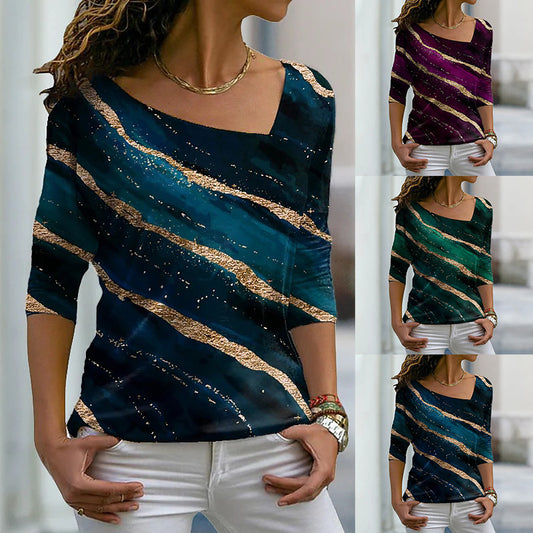 Women's Gradient Print V-neck Long-sleeved Loose T-shirt