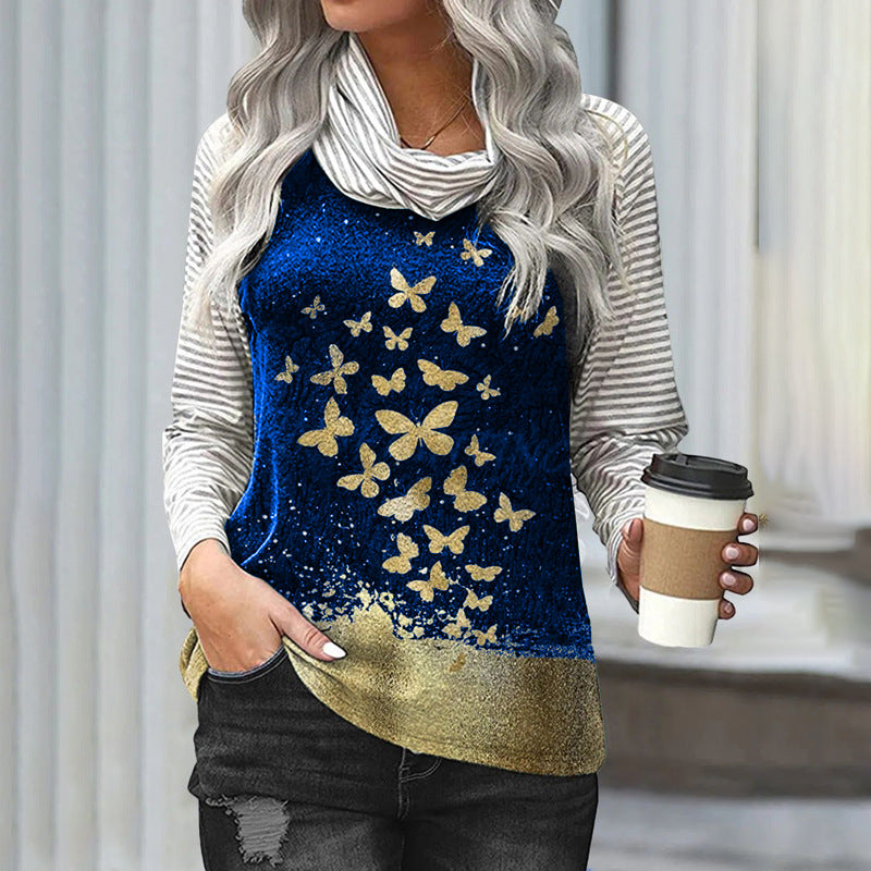 Long-Sleeved Printed T-Shirt with Pile Neck Stitchin