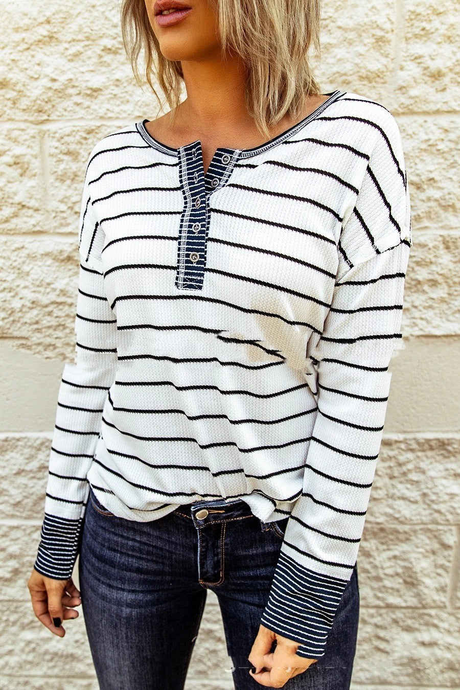 Fashion Knitted Striped Button Long-sleeved Women