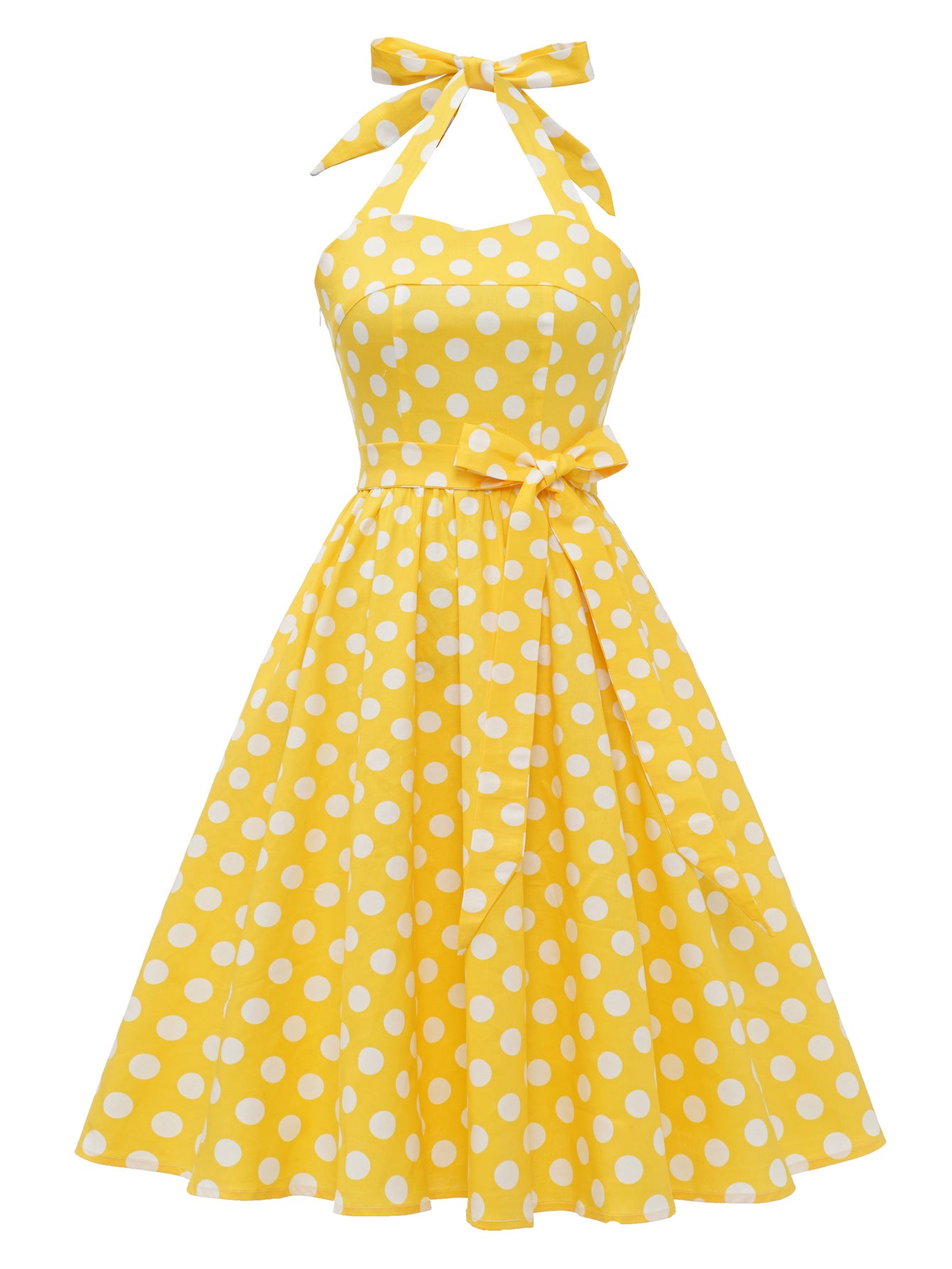 Vintage Polka Dot Halter Dress with Lace-Up Detail and Puff Sleeves