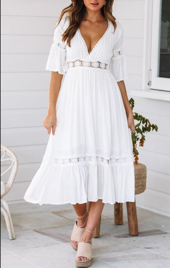 Deep V lace flare sleeve flowing dress