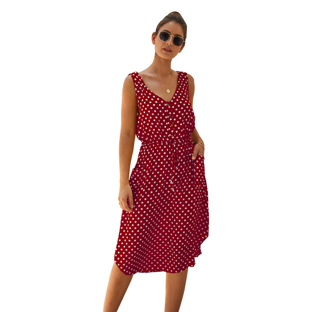 Sleeveless Polka Dot Dress with Side Slit, Button Closure, and Drawstring