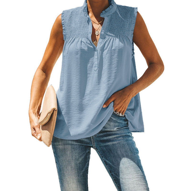 Women's Fashion Smocked V-Neck Sleeveless Shirt Top