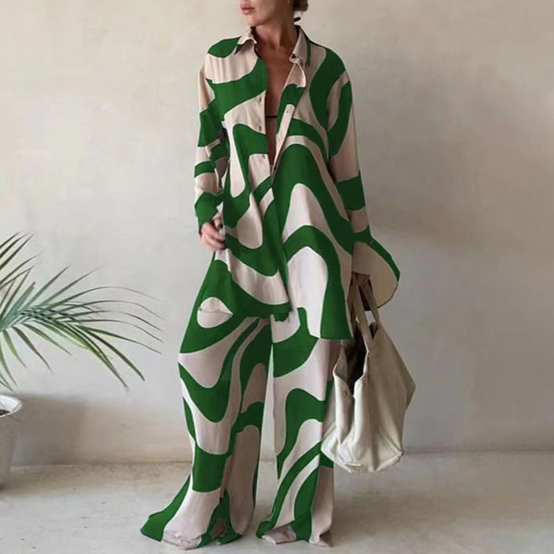 Fashion Printed Loose Long Sleeves Shirt Straight-leg Trousers Women's Suit