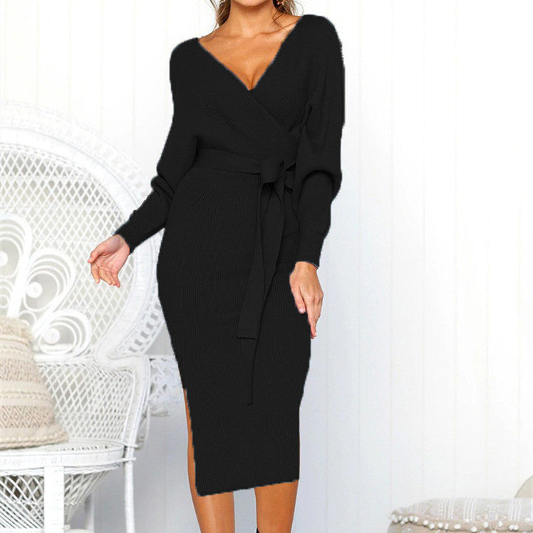 Women's Sexy V-neck Tie Long-sleeved Dress