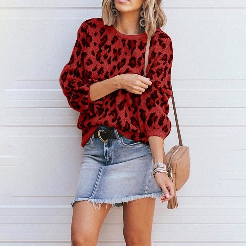 Leopard Jacquard Sweater featuring Lantern Sleeves for Women