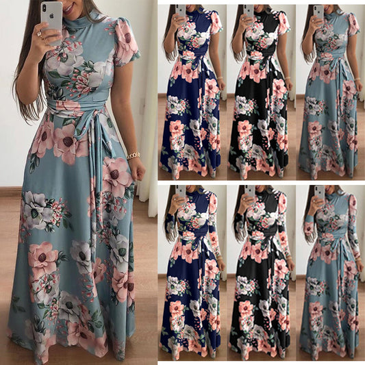 European and American-Style Swing Dress with Floral Print - New Arrival