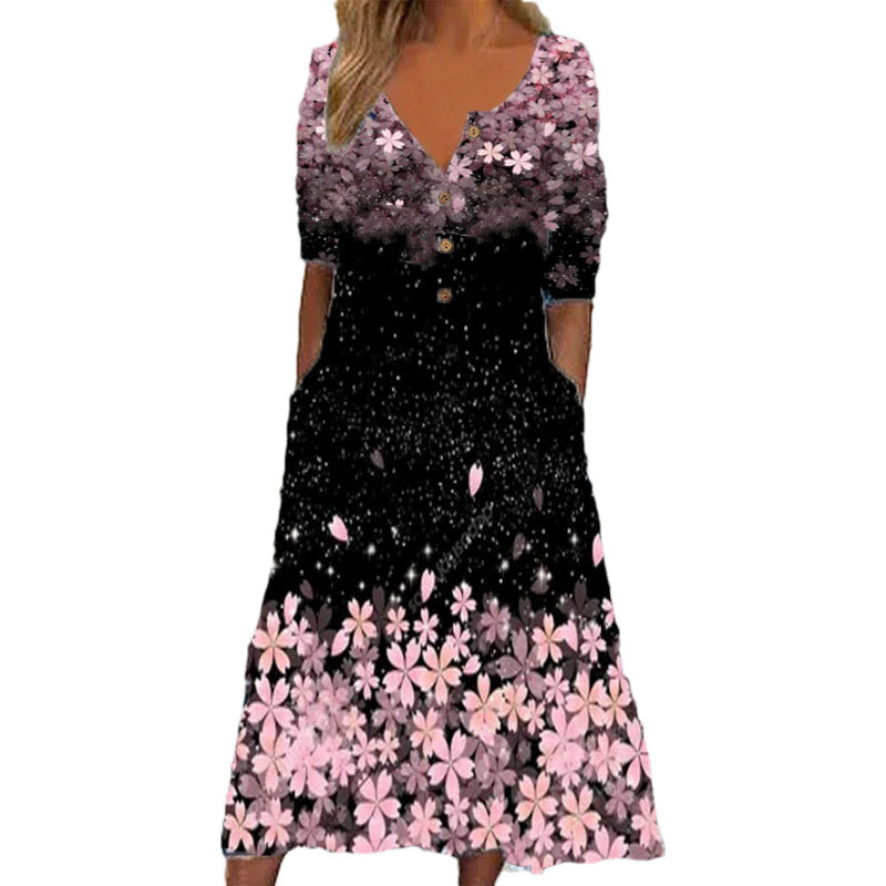 V-Neck Women's Dress with Printed Design and Button Pocket