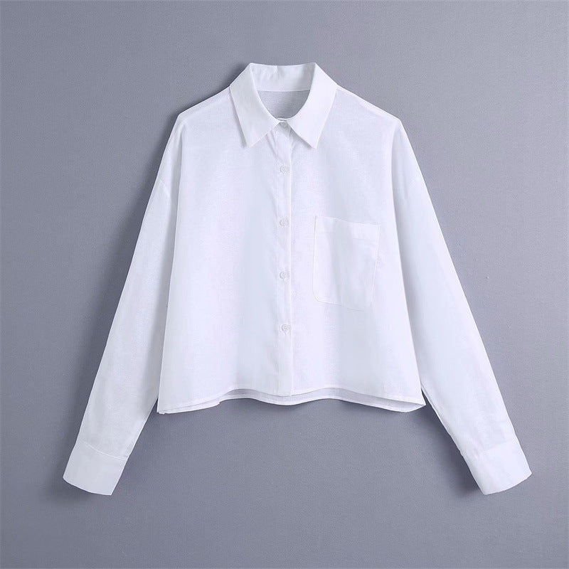 College-Style Linen Top Shirt with Pocket Detail"