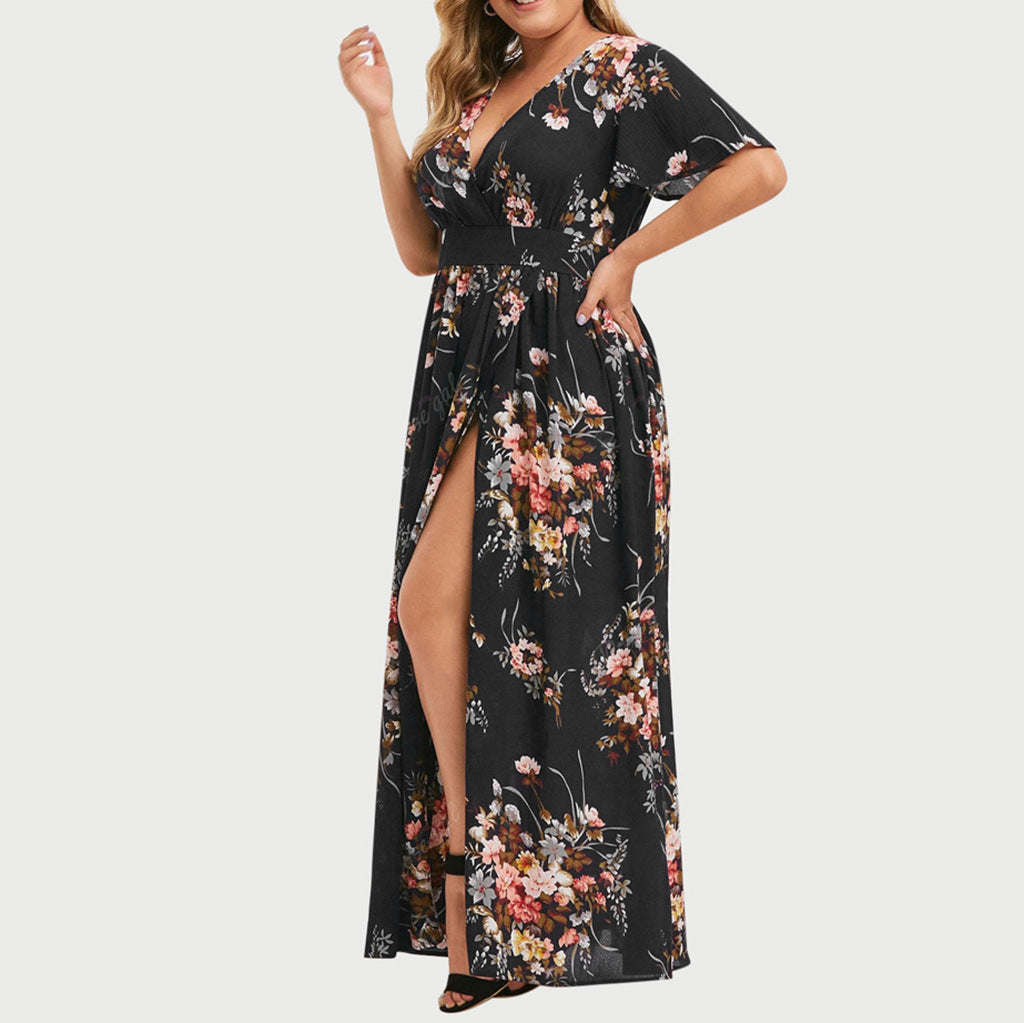 Plus Size Printed Dress with Slit Hem for Women with Curvy Figures