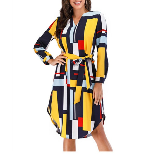 V-neck long sleeve printed dress