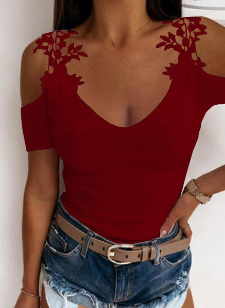 U-neck Solid Color Lace T-shirt